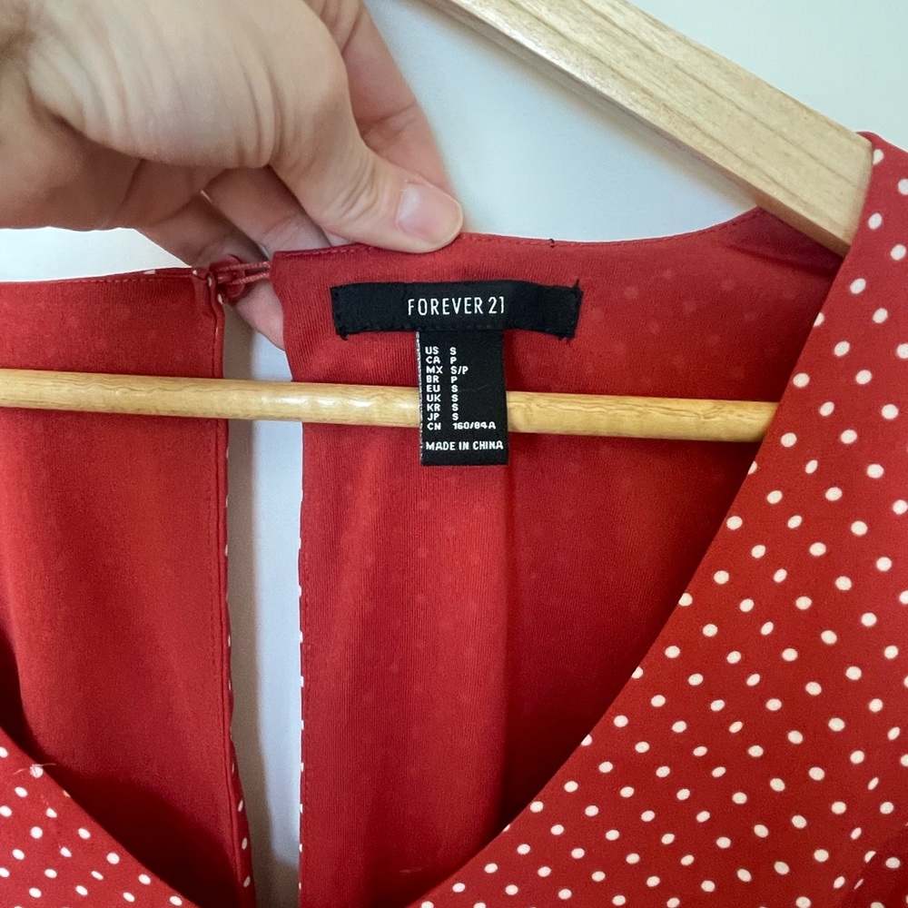 Red Polka Dot Long-Sleeve V-Neck Mini Dress - Picture 2 of 3